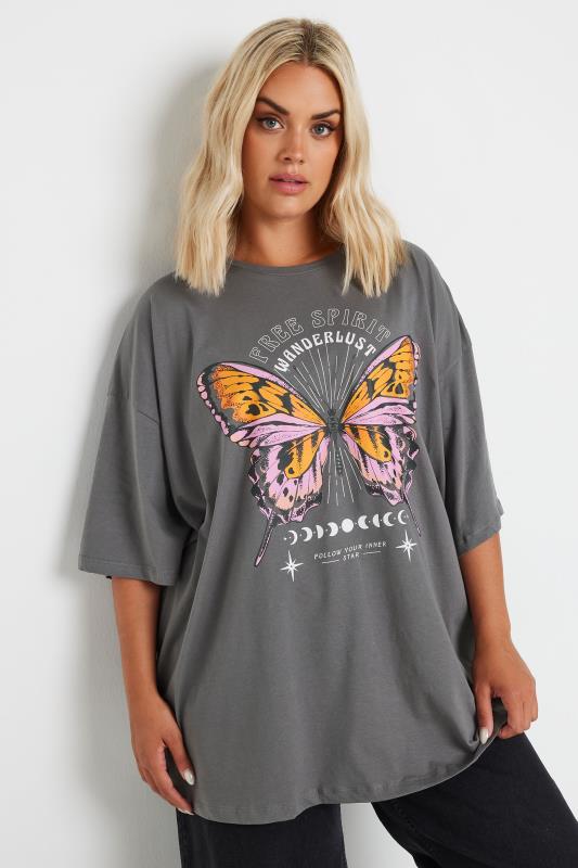  Grande Taille YOURS Curve Grey 'Free Spirit' Slogan Oversized T-Shirt