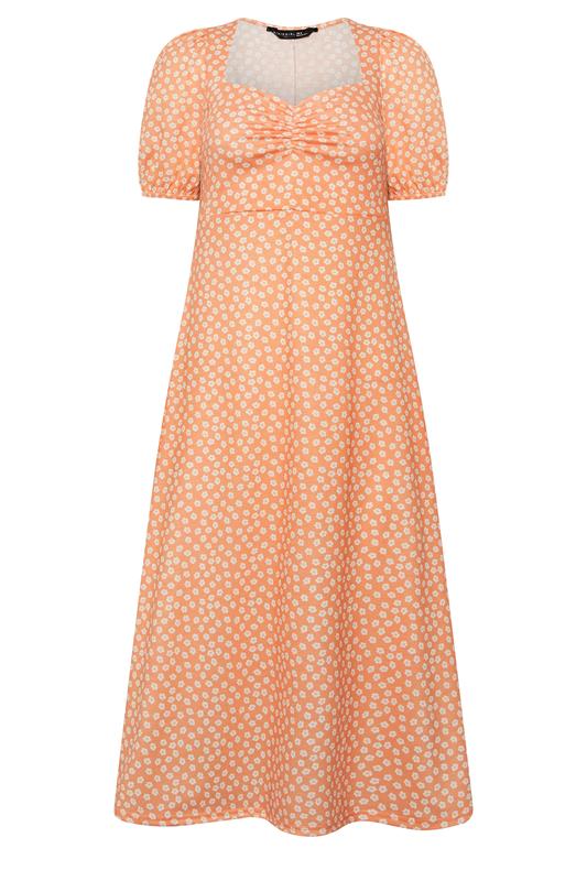 PixieGirl Petite Women's Orange Floral Ruched Midi Dress | PixieGirl 5