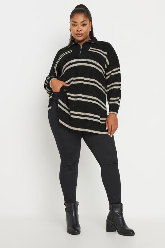 YOURS Plus Size Black Stripe Quarter Zip Knitted Jumper | Yours Clothing 2