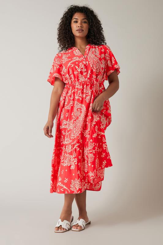 Plus Size  Curve Red & White Paisley Print Midi Shirt Dress