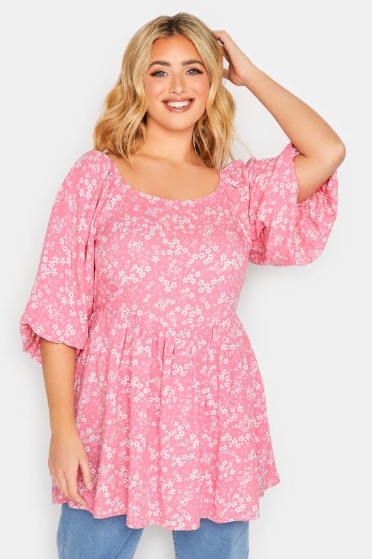 Plus Size  YOURS Curve Pink Ditsy Print Balloon Sleeve Top