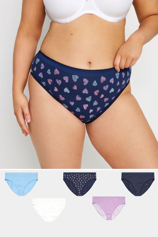 YOURS 5 PACK Plus Size Navy Blue Heart Print High Leg Knickers | Yours Clothing 1