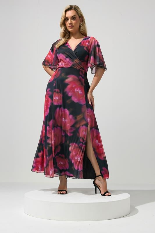 YOURS LONDON Plus Size Black & Pink Floral Abstract Mesh Dress | Yours Clothing 1
