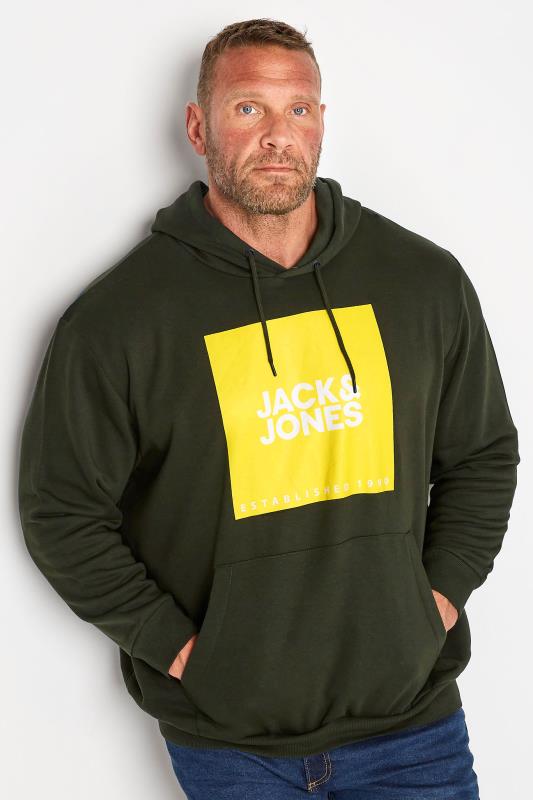 JACK & JONES Big & Tall Green & Yellow Printed Logo Hoodie | BadRhino 1
