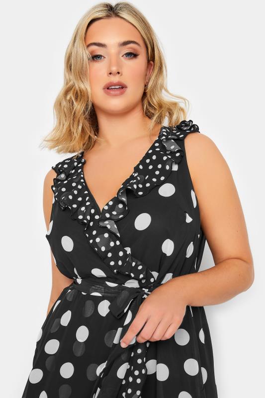 YOURS LONDON Curve Plus Size Black Polka Dot Print Double Ruffle Wrap Dress | Yours Clothing  4