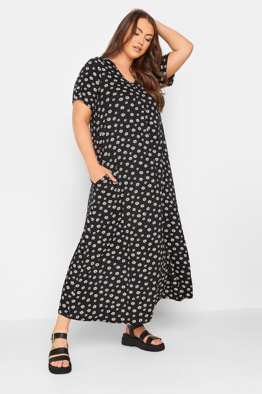 LIMITED COLLECTION Plus Size Black Daisy Pleat Front Maxi Dress | Yours Clothing  1