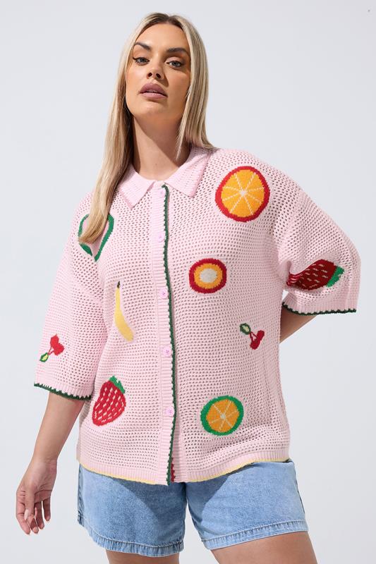 LIMITED COLLECTION Plus Size Pink Fruit Knitted Shirt | Yours Clothing 1