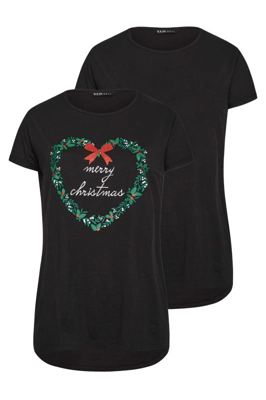 YOURS Plus Size 2 PACK Black 'Merry Christmas' Slogan Christmas T-Shirts | Yours Clothing 8