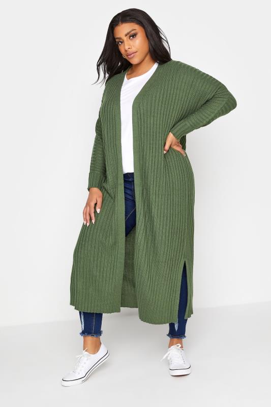 Plus Size  Khaki Ribbed Knitted Maxi Cardigan