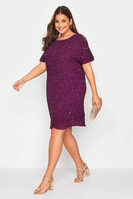 LUXE Plus Size Purple Sequin Hand Embellished Cape Dress | Yours Clothing 1