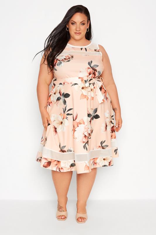 YOURS LONDON Plus Size Pink Floral Mesh Panel Skater Dress | Yours Clothing 2