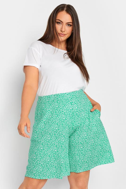 Plus Size  YOURS Curve Green Ditsy Print Jersey Shorts