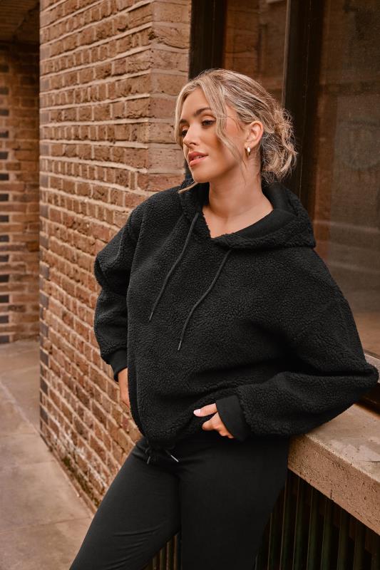 Plus Size  YOURS Curve Black Teddy Cropped Fleece Hoodie