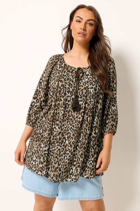 YOURS Plus Size Brown Leopard Print Swing Blouse | Yours Clothing 1