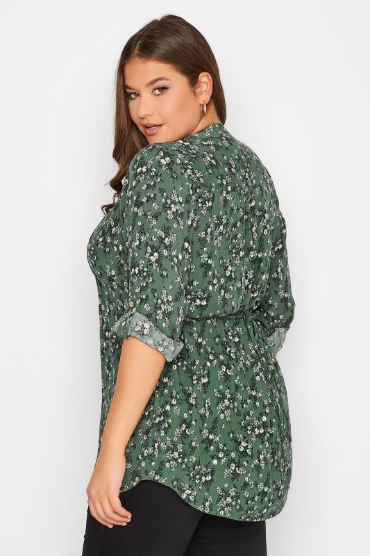 Plus Size Green Floral Print Sequin Embellished Pintuck Shirt | Yours Clothing 3