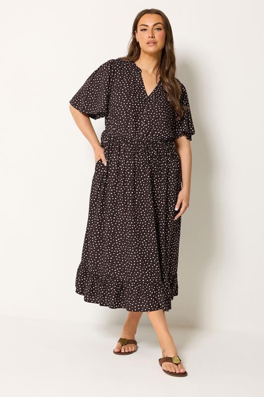  YOURS vestido largo marrón con estampado de lunares y cuello con muesca