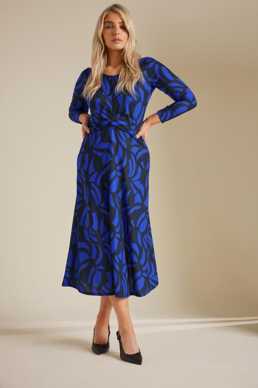 Women's  M&Co Black & Blue Geometric Print Twist Front Midaxi Dress