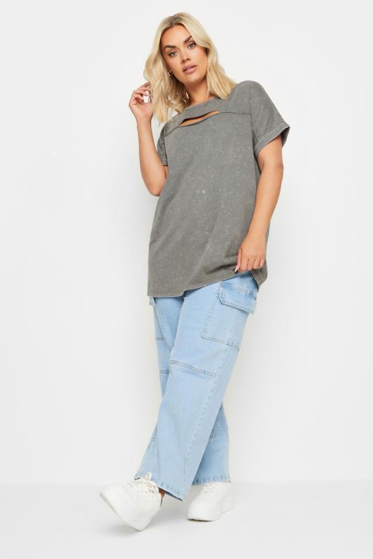 YOURS Plus Size Charcoal Grey Acid Wash Cut Out T-Shirt | Yours Clothing 2