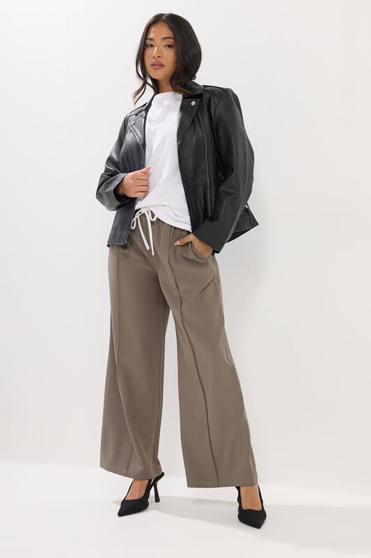 PixieGirl Petite Women's Natural Brown Contrast Waist Wide Leg Trousers | PixieGirl 1