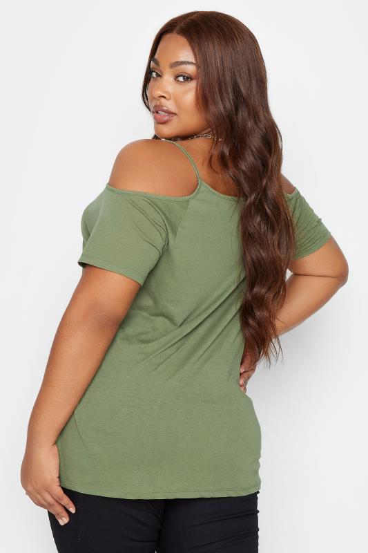 YOURS Curve Plus Size 2 PACK Black & Khaki Green Cold Shoulder T-Shirts | Yours Clothing  6
