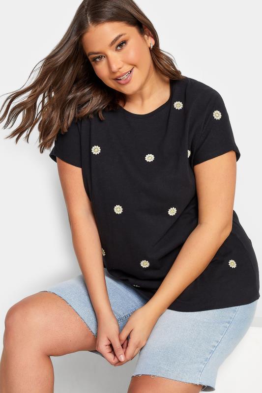 YOURS Curve Plus Size Black Daisy Embroided T-Shirt | Yours Clothing  4