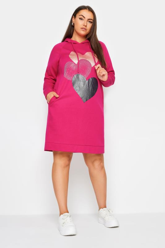 YOURS Plus Size Pink Heart Print Hoodie Dress | Yours Clothing 2