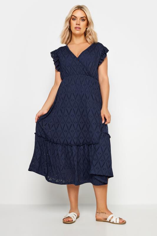 YOURS Plus Size Navy Blue Broderie Anglaise Midaxi Dress | Yours Clothing 2