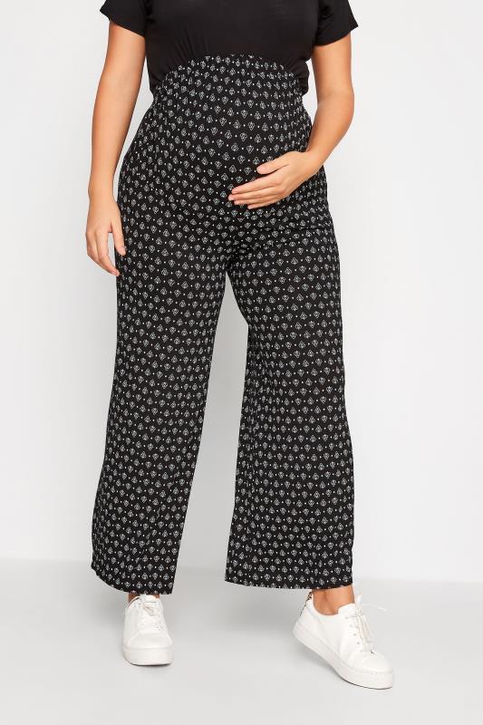 BUMP IT UP Maternity Plus-Size Curve Black Geometric Print Wide Leg Trousers | Yours Clothing  1