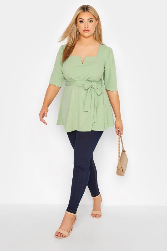 YOURS LONDON Plus Size Sage Green Notch Neck Peplum Top | Yours Clothing 2