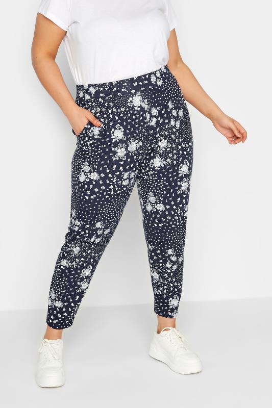 YOURS Plus Size Curve Navy Blue Floral Harem Trousers | Yours Clothing  1