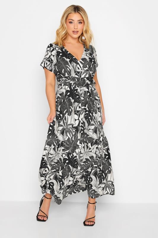 YOURS Plus Size Curve Black & White Floral Leaf Print Front Tie Maxi Dress| Yours Clothing  2