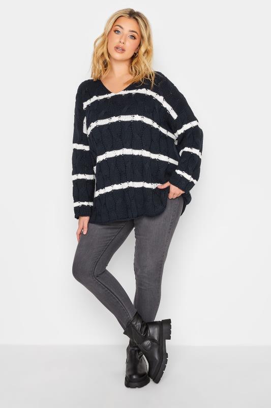 YOURS Plus Size Navy Blue Stripe V-Neck Cable Knit Jumper | Yours Clothing 2