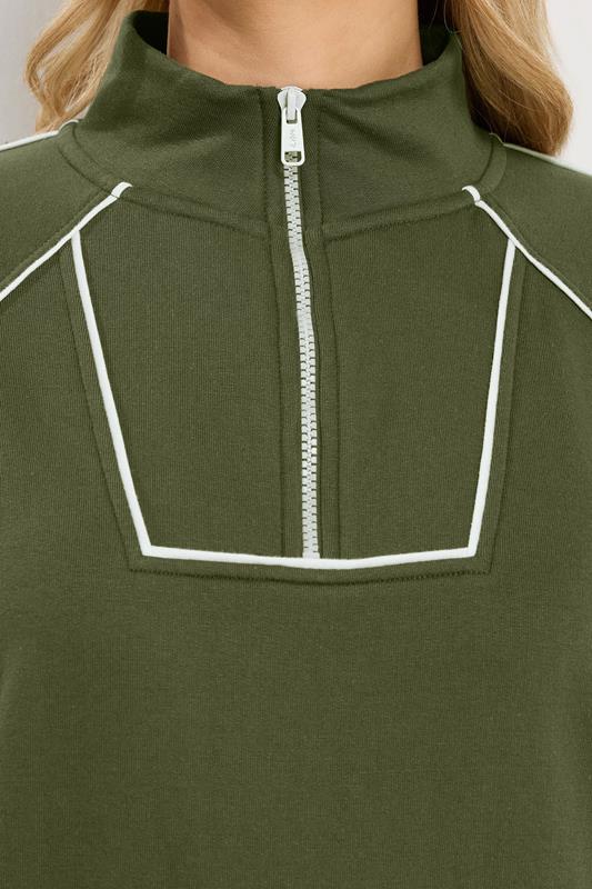 LTS Tall Women's Khaki Green Cotton Pipe Quarter Zip Sweatshirt & Wide Leg Trousers Set 5