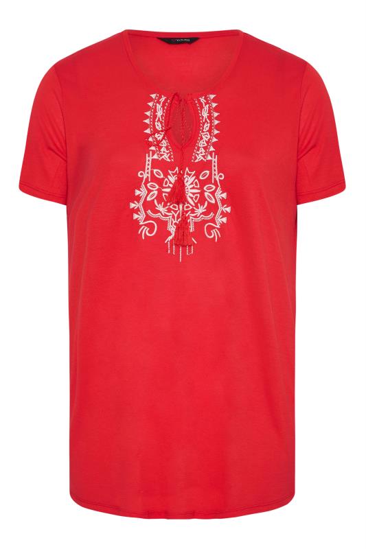 Curve Red Aztec Embroidered Tie Neck T-Shirt_X.jpg