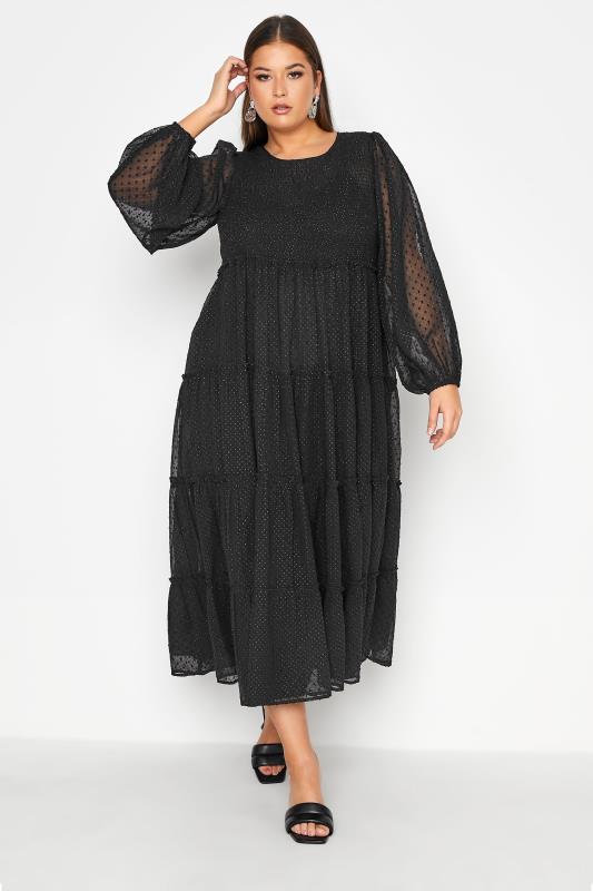 Großen Größen  LIMITED COLLECTION Black Tiered Dobby Sparkle Maxi Dress