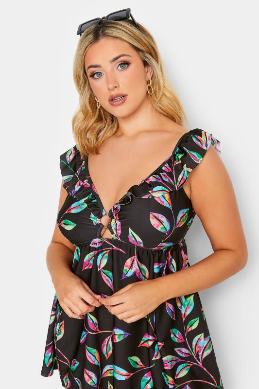 YOURS Curve Plus Size Black Tropical Print Frill Swimdress | Yours Clothing  3