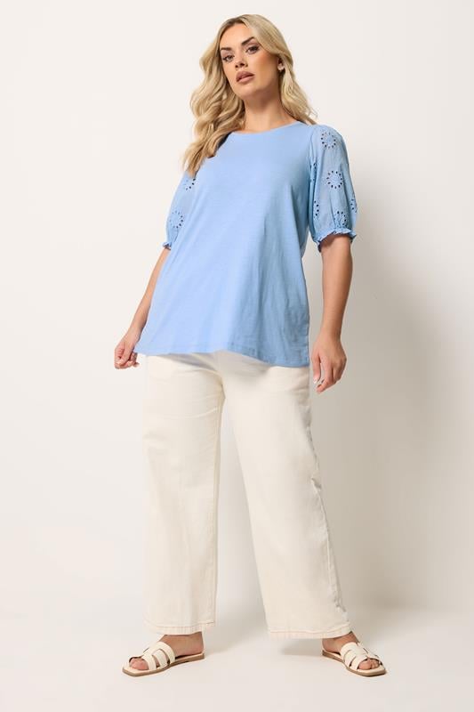 YOURS Plus Size Blue Broiderie Anglaise T-Shirt | Yours Clothing 1