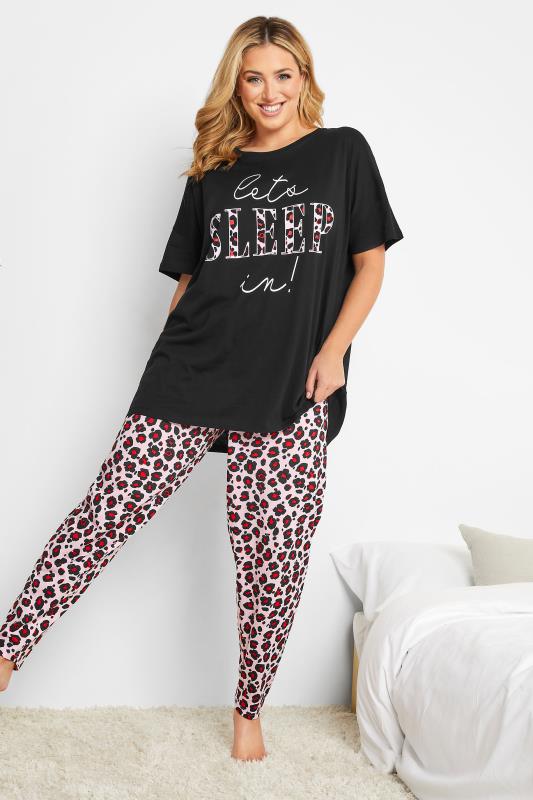 Plus Size Black Animal Print 'Let's Sleep In' Pyjama Set | Yours Clothing 3