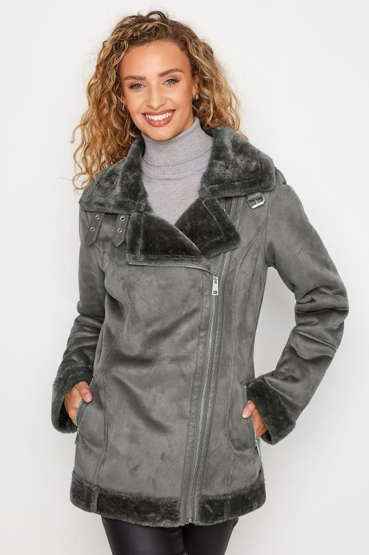Tall Women's LTS Grey Faux Fur Trim Aviator Jacket | Long Tally Sally 4