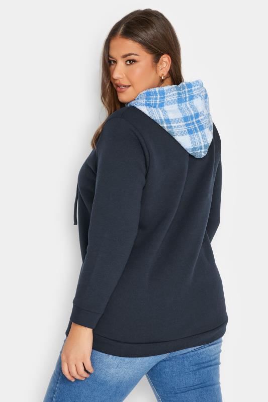 Plus Size Navy Blue Check Hoodie | Yours Clothing  3