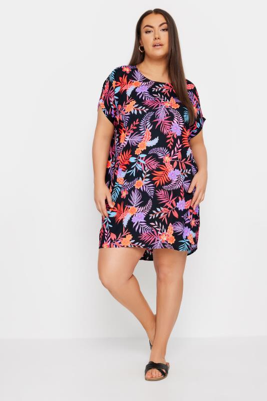  Grande Taille YOURS Curve Black Tropical Print Shift Dress