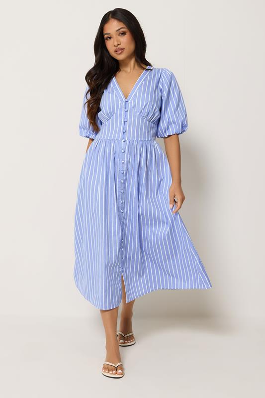 PixieGirl Petite Women's Blue Stripe Button Midi Dress | PixieGirl  1