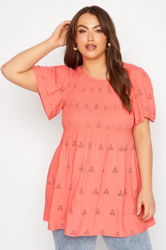 LIMITED COLLECTION Plus Size Coral Pink Embroidered Shirred Top | Yours Clothing 1