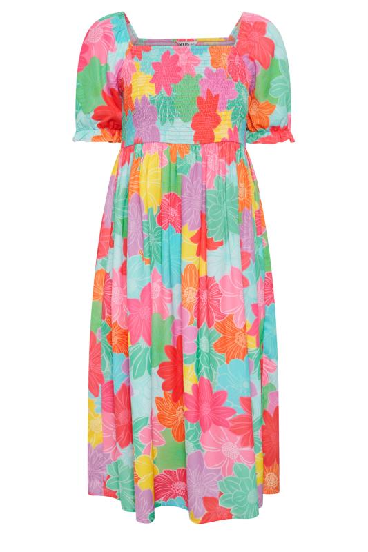 YOURS Plus Size Pink & Blue Floral Print Shirred Midaxi Dress | Yours Clothing 6