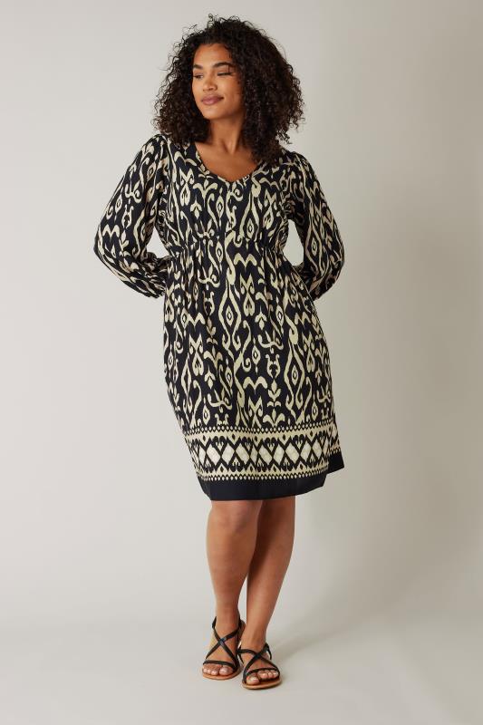 EVANS Plus Size Black & Brown Ikat Print Midi Dress | Evans 2