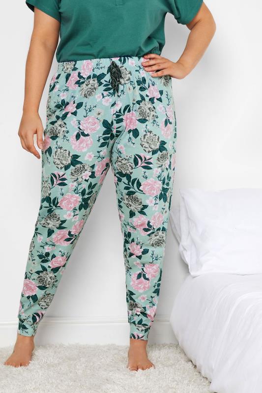 Plus Size  YOURS Curve Green Floral Print Cuffed Pyjama Bottoms