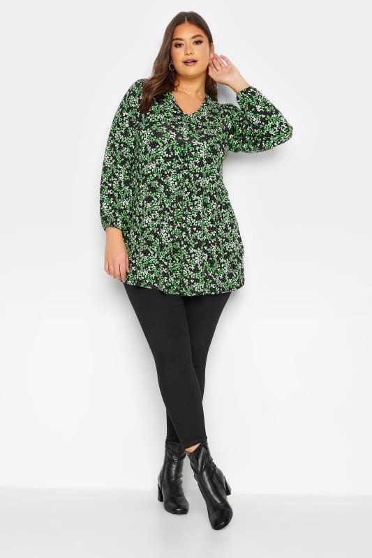 Curve Plus Size Green & Black Floral Print Balloon Sleeve Pleat Top | Yours Clothing  2