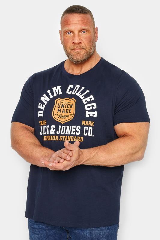 JACK & JONES Big & Tall Navy Blue Denim College Logo T-Shirt | BadRhino 1