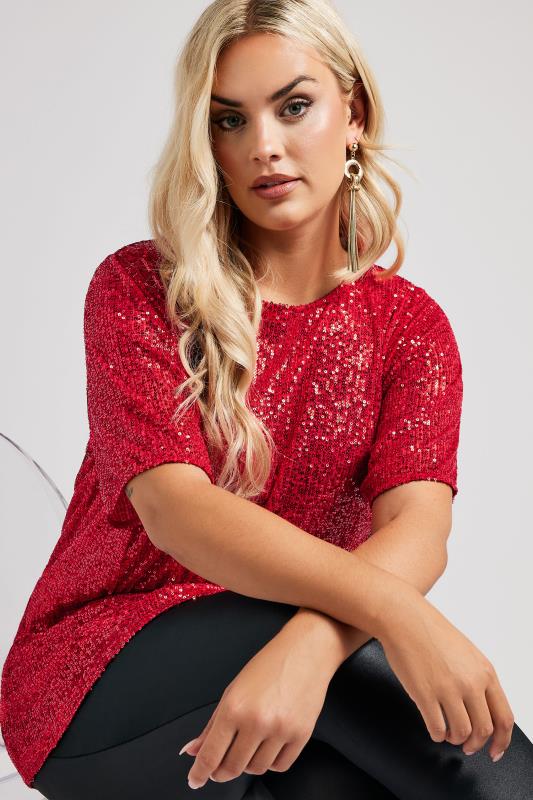 YOURS LONDON Plus Size Red Sequin Swing Top | Yours Clothing  4