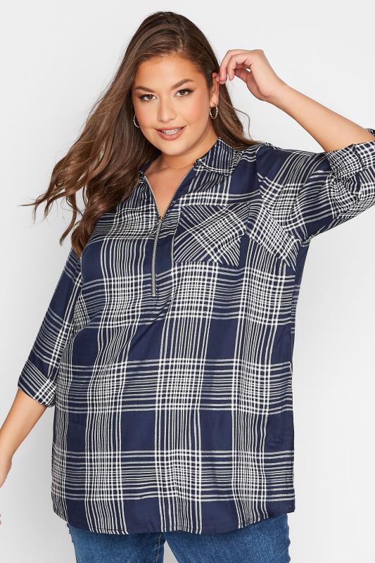  Grande Taille YOURS Curve Navy Blue Metallic Zip Check Shirt